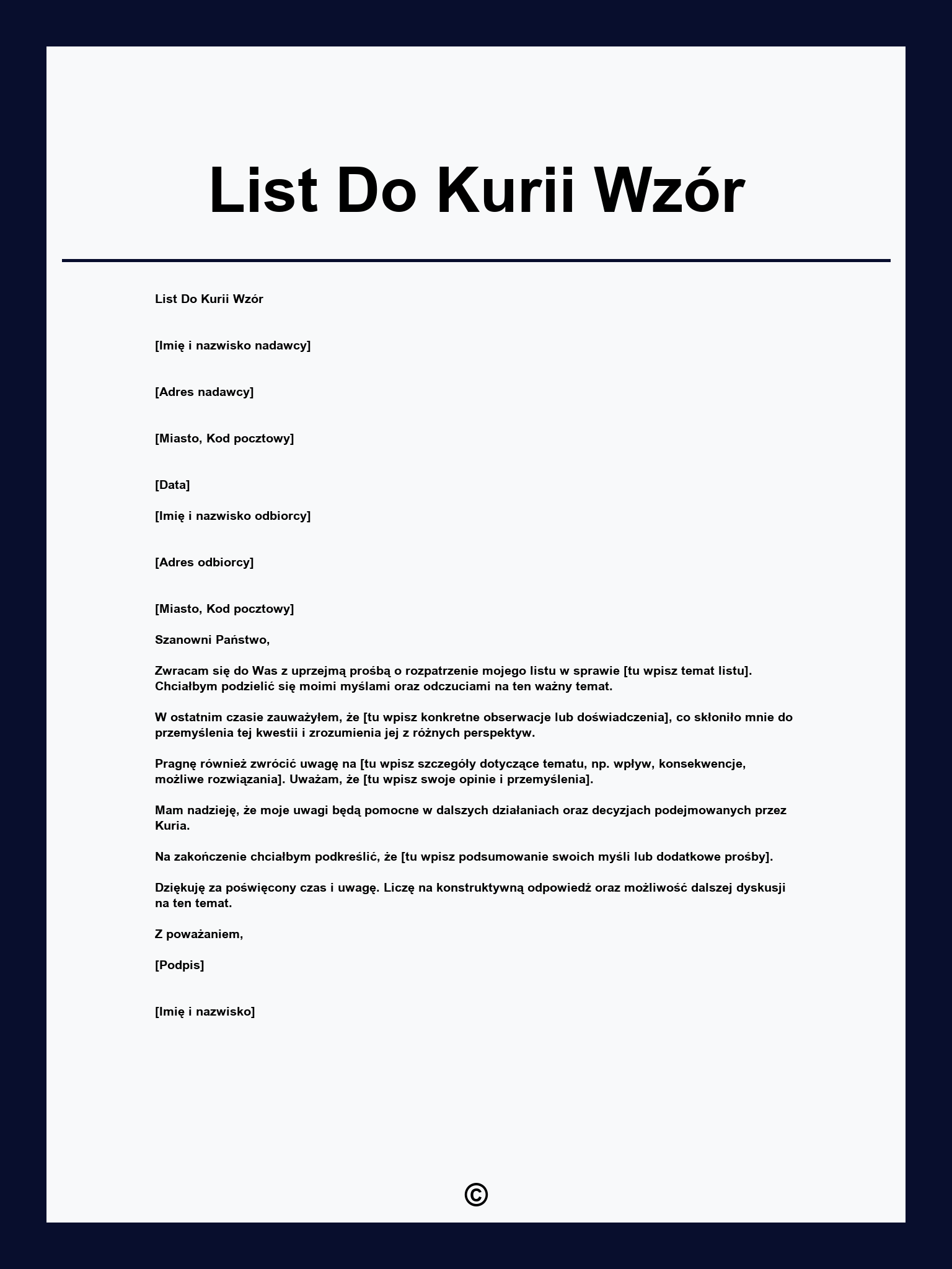 List Do Kurii Wzór