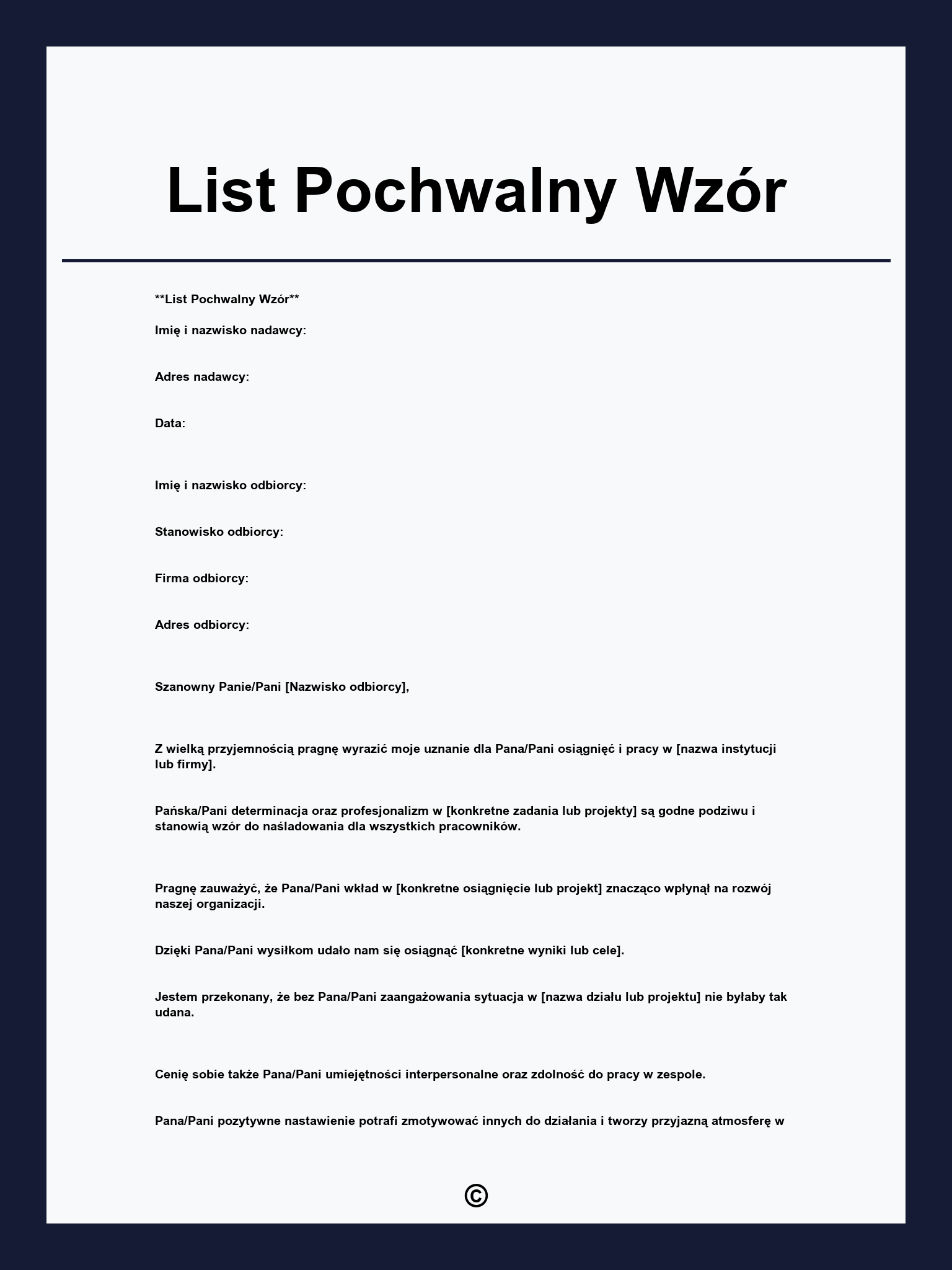 List Pochwalny Wzór