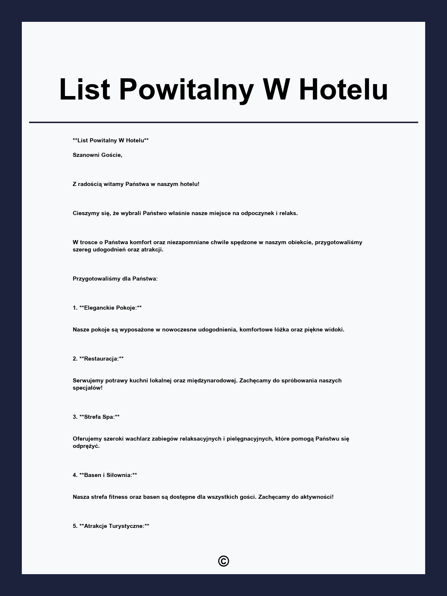 List Powitalny W Hotelu