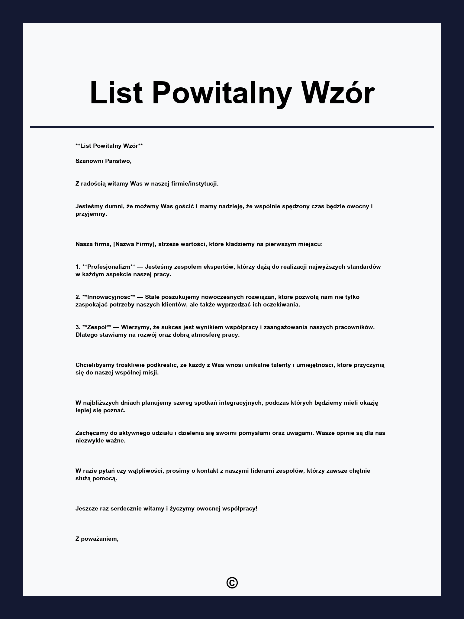 List Powitalny Wzór