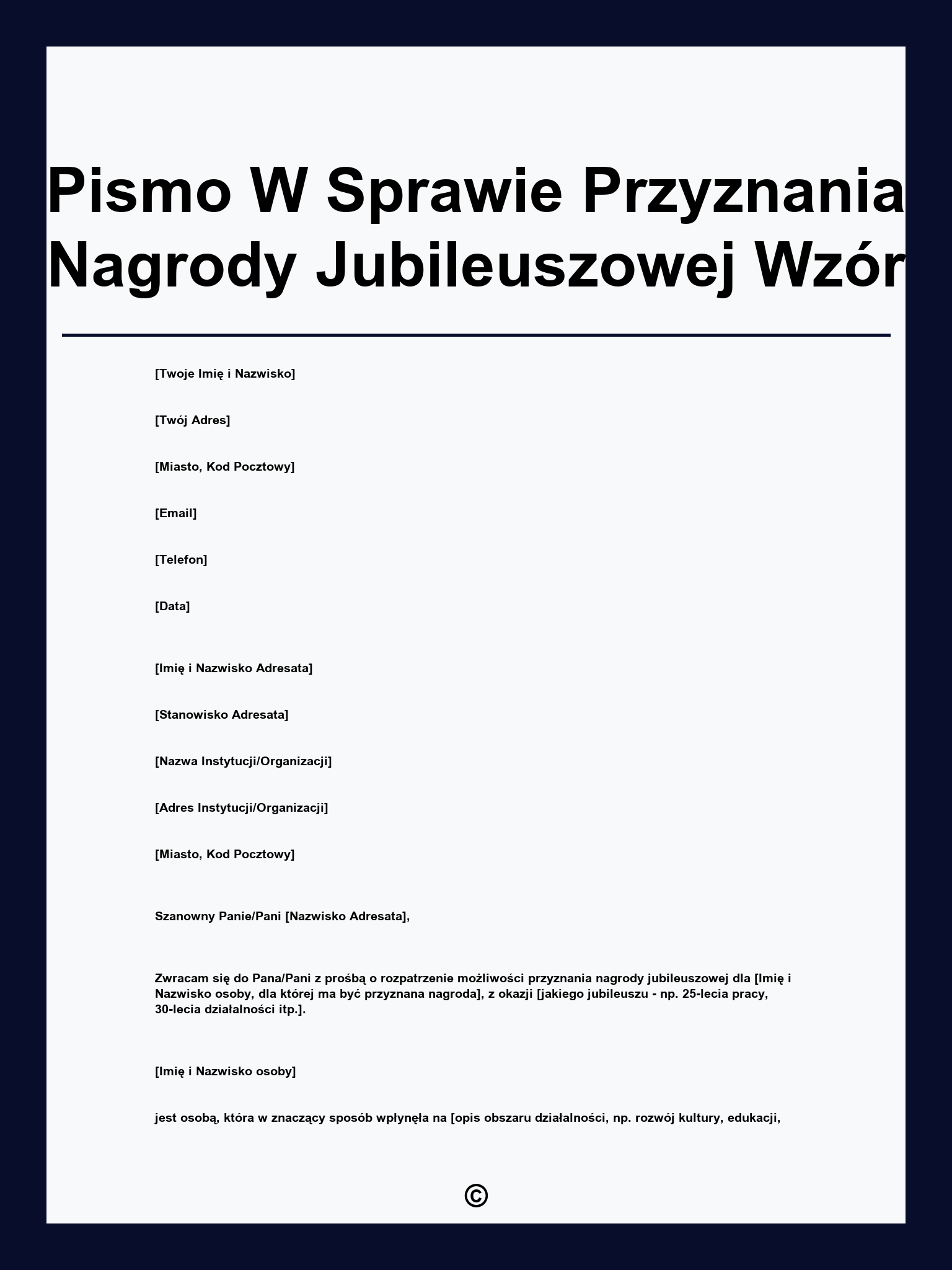 Pismo W Sprawie Przyznania Nagrody Jubileuszowej Wzór