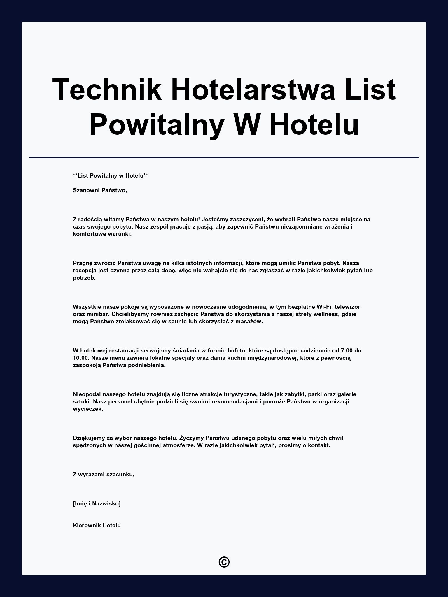 Technik Hotelarstwa List Powitalny W Hotelu